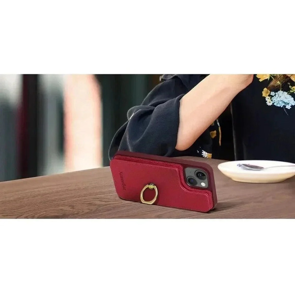 Faux Leather Wallet Case for iPhone 14 6.1” RFID Blocking 360°Ring Kickstand - Picture 5 of 8